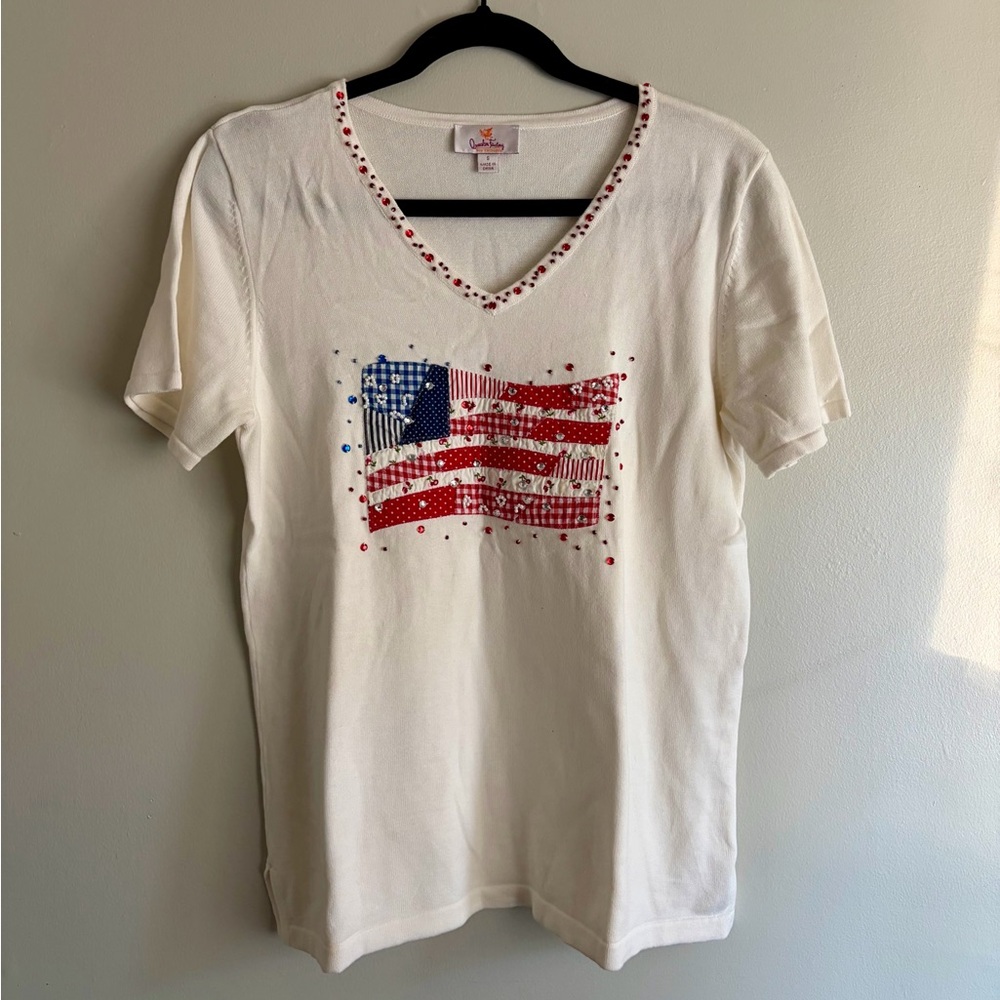 Quacker Factory Cream Tee with Flag Design